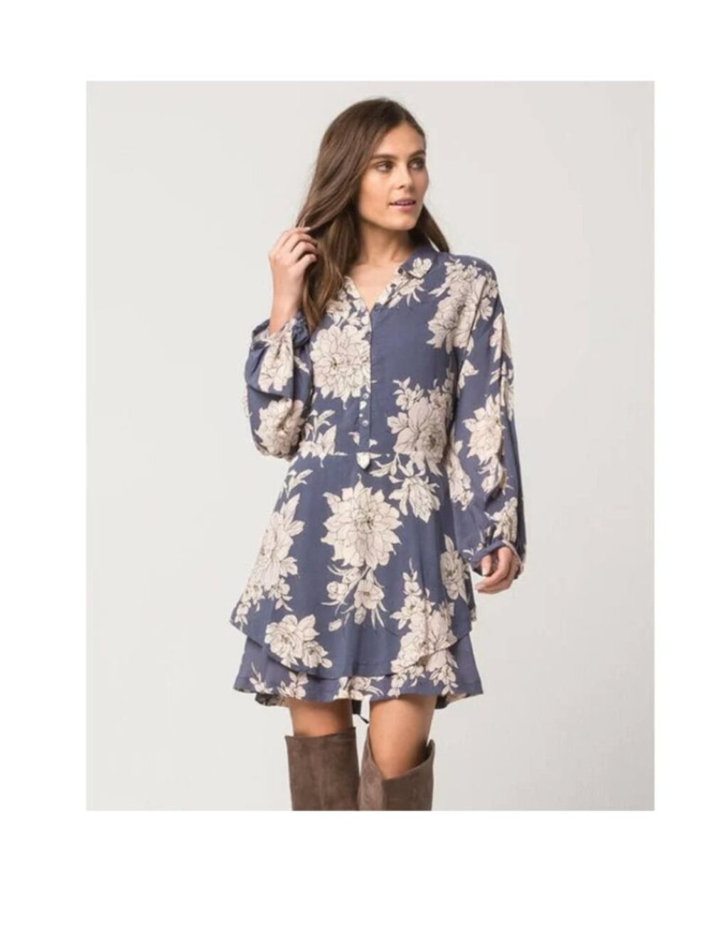 Free People Grey Floral Rayon Shake It Long Sleeve Mini Shirt Dress XS